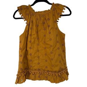 J. Crew Brown Eyelet‎ Flutter Sleeve Pom Pom Trim Sleeveless Tank Top Blouse